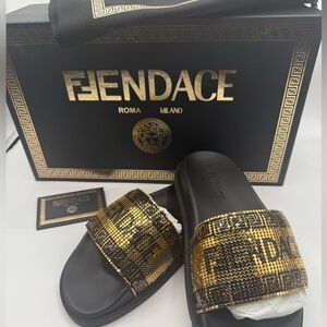 NWT Full inclusionVersace X Fendi Fendace Collab Logo Metal Mesh Pool  Slides